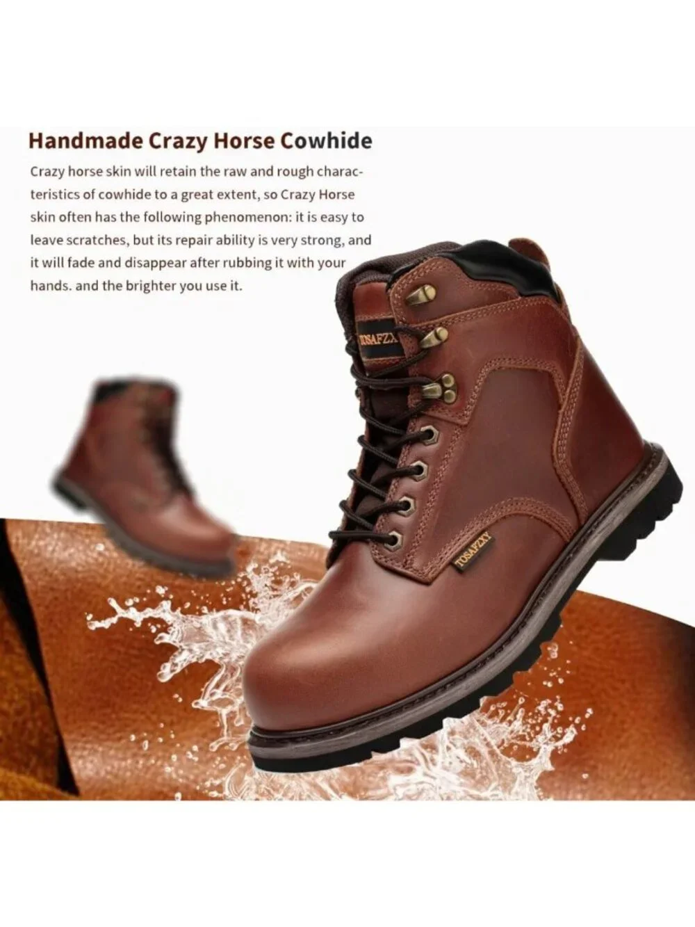 Durable Waterproof Steel Toe Work Boots for Men | Non-Slip Crazy-Horse Leather